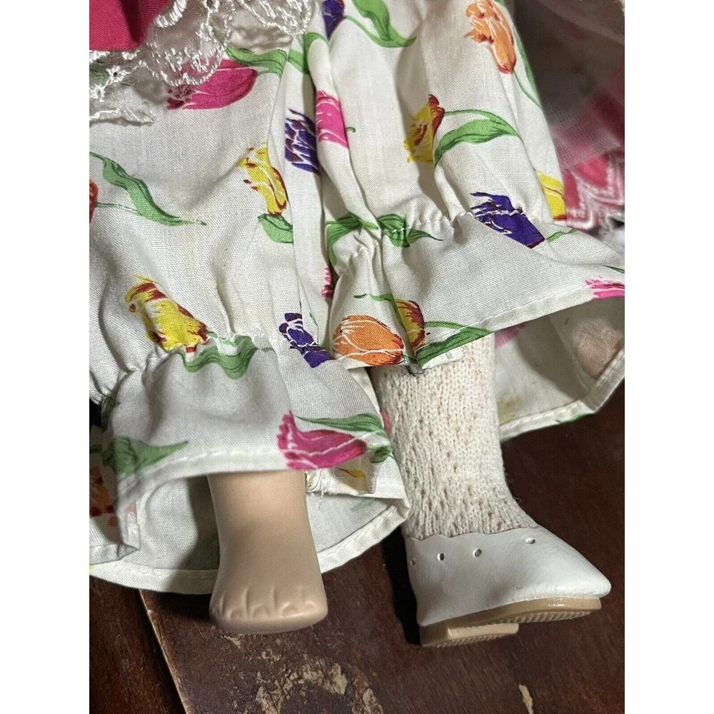 Brass Key Porcelain Doll Tulip Dress Pinafore Bonnet Pantaloons Blonde Curls 16”